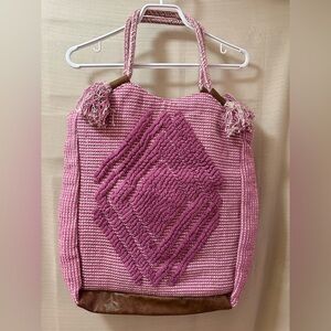 Nadia B Pink Woven Boho Tote Bag Tassel Cotton Leather Trim Large